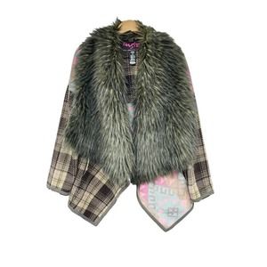 CUSTO Line Custo Barcelona Faux Fur Waterfall Aztec Plaid Jacket Womens Small